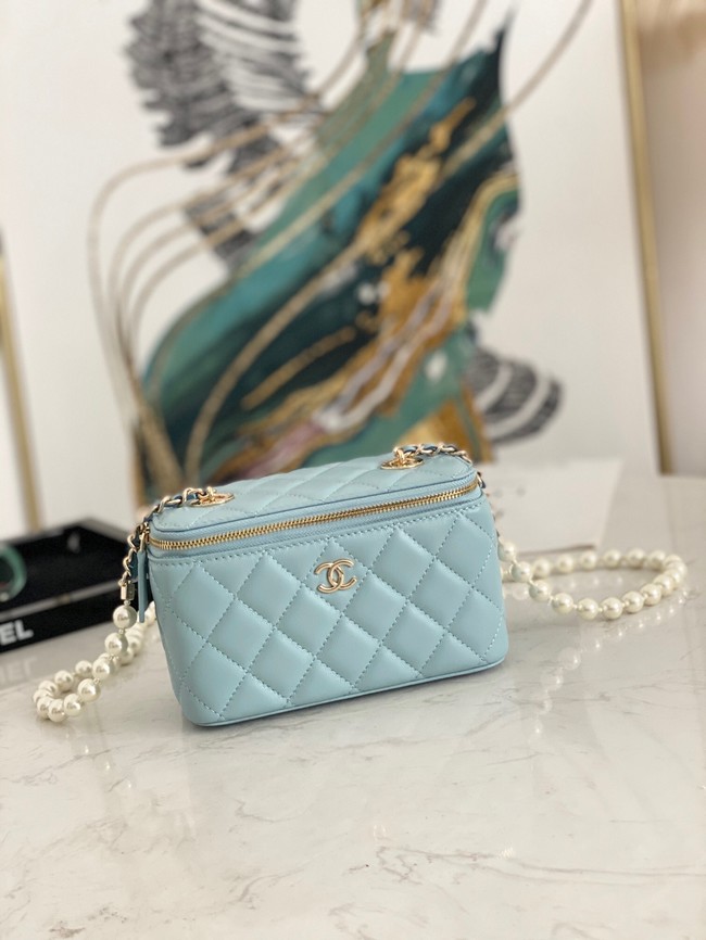 Chanel mini Shoulder Bag Lambskin Imitation Pearls & Gold-Tone Metal AS91192 light blue