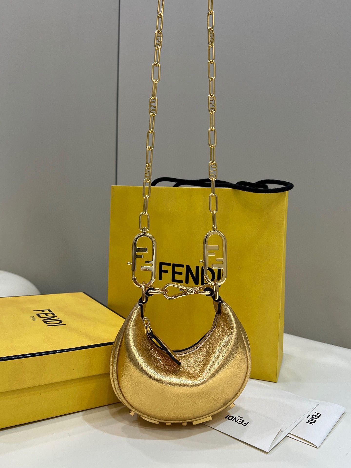 Fendi Praphy Original Leather Big FENDI Logo Mini Bag 80056S Gold