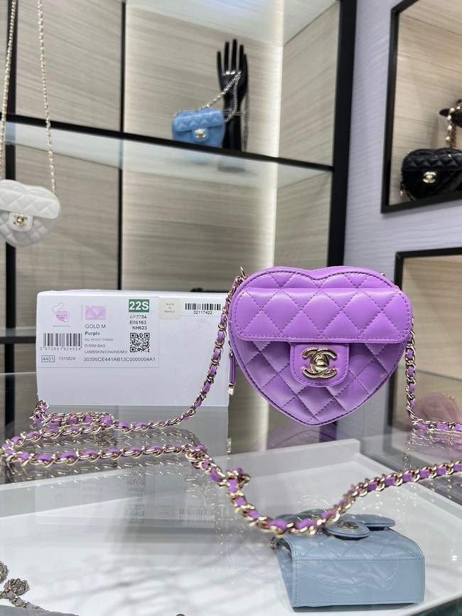 Chanel 2022S Love Heart mini Lambskin Crossbody Chain Bag AO2784 Purple