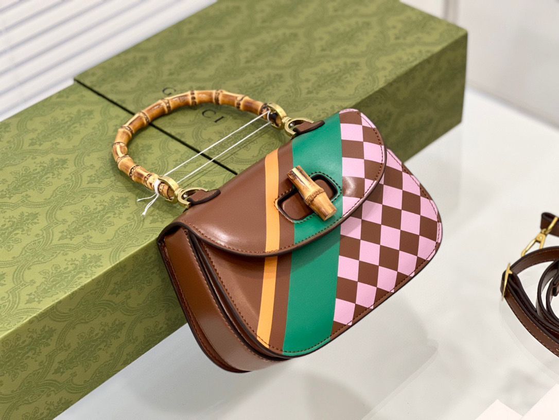 Gucci Small top handle bag with Bamboo 675797 Pink plaid green and yellow print