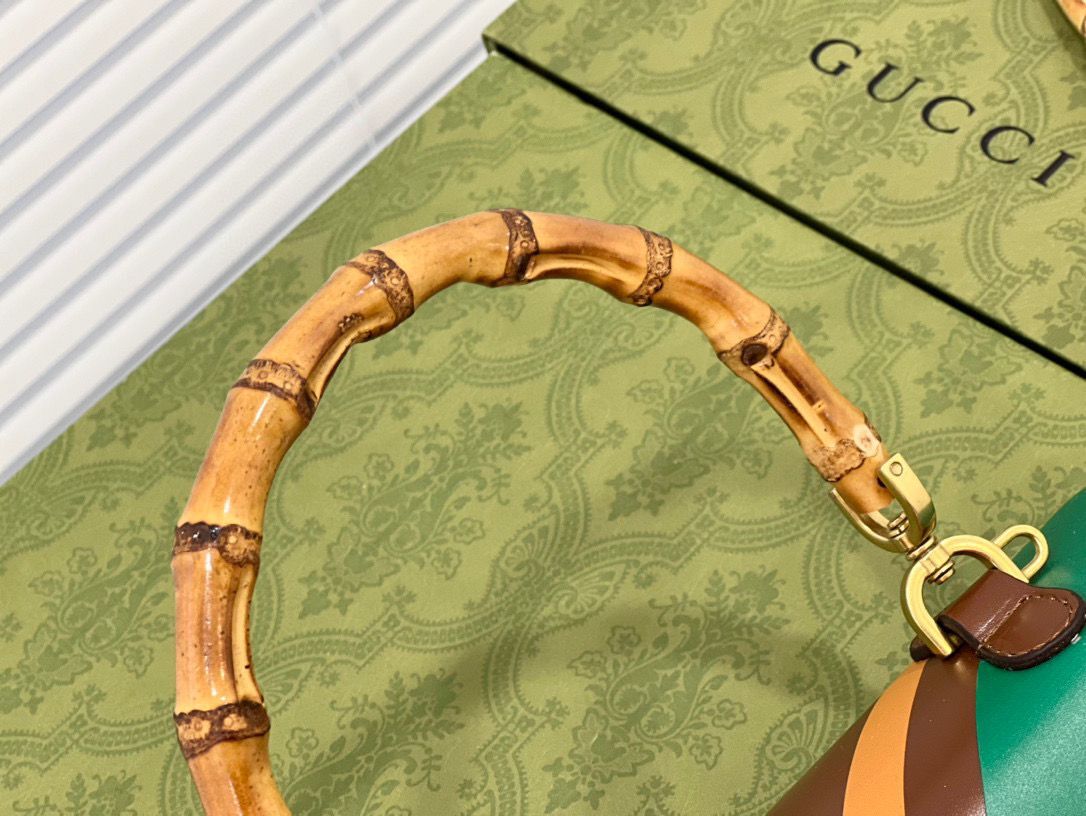 Gucci Small top handle bag with Bamboo 675797 Pink plaid green and yellow print