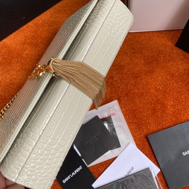 Yves Saint Laurent KATE CHAIN WALLET WITH TASSEL IN CROCODILE-EMBOSSED SHINY LEATHER 452159 WHITE