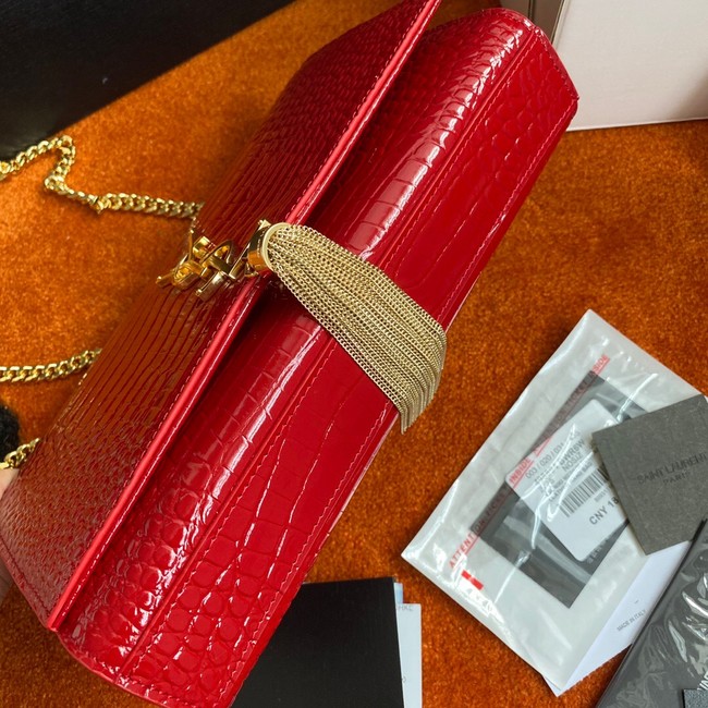 Yves Saint Laurent KATE CHAIN WALLET WITH TASSEL IN CROCODILE-EMBOSSED SHINY LEATHER 452159 red