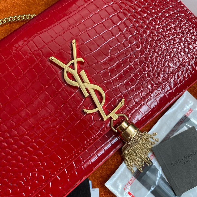 Yves Saint Laurent KATE CHAIN WALLET WITH TASSEL IN CROCODILE-EMBOSSED SHINY LEATHER 452159 red