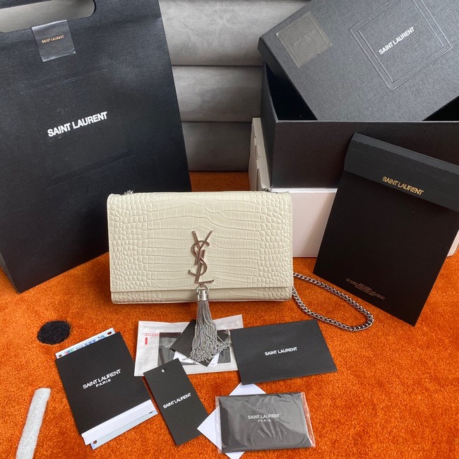 Yves Saint Laurent KATE CHAIN WALLET WITH TASSEL IN CROCODILE-EMBOSSED SHINY LEATHER 452159B WHITE