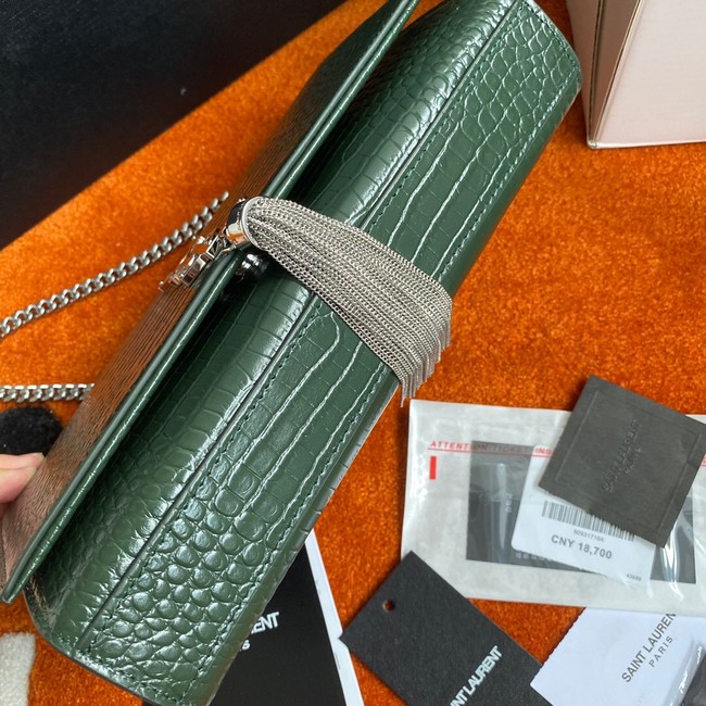 Yves Saint Laurent KATE CHAIN WALLET WITH TASSEL IN CROCODILE-EMBOSSED SHINY LEATHER 452159B blackish green