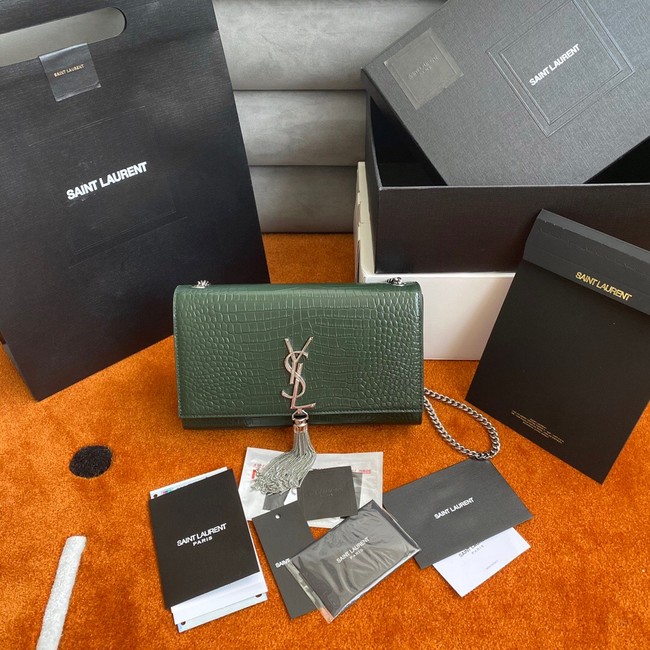 Yves Saint Laurent KATE CHAIN WALLET WITH TASSEL IN CROCODILE-EMBOSSED SHINY LEATHER 452159B blackish green