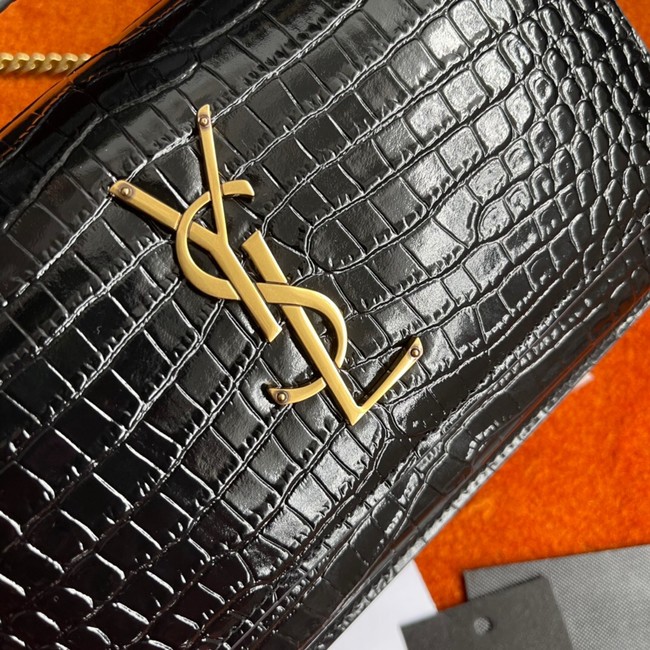 Yves Saint Laurent SUNSET SMALL CHAIN BAG IN CROCODILE EMBOSSED SHINY LEATHER Y533036A BLACK