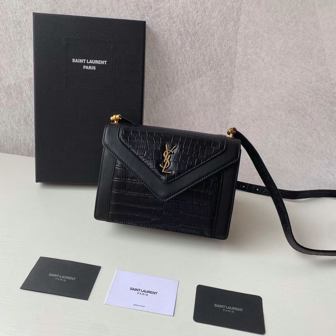 Yves Saint Laurent GABY MINI SATCHEL CROCODILE-EMBOSSED SHINY LEATHER Y568890 black