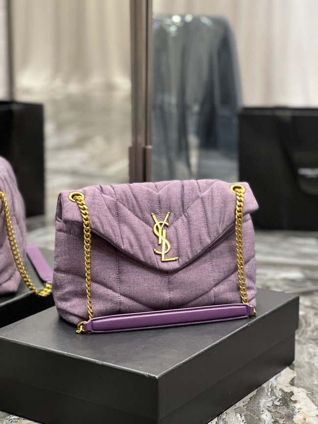 SAINT LAURENT PUFFER SMALL CHAIN BAG IN DENIM AND SMOOTH LEATHER 577476 BLEACHED LILAC