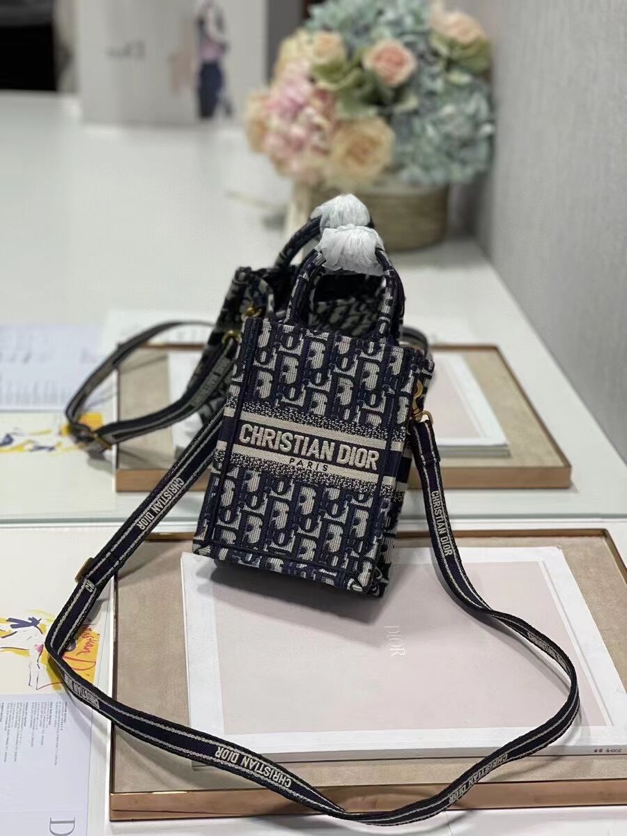 MINI DIOR BOOK TOTE PHONE BAG Blue Dior Oblique Embroidery S5555CRIW