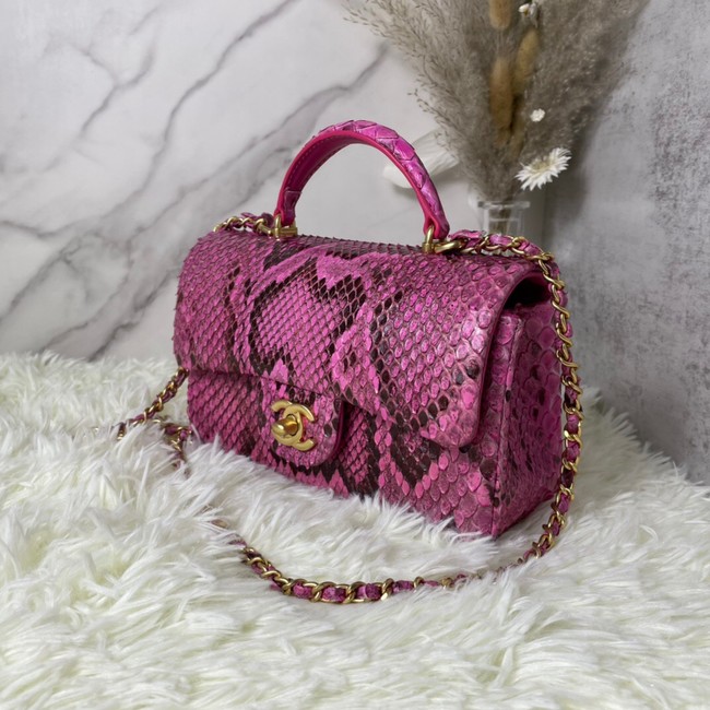 Chanel Snake skin mini flap bag with top handle AS2431 Fuchsia