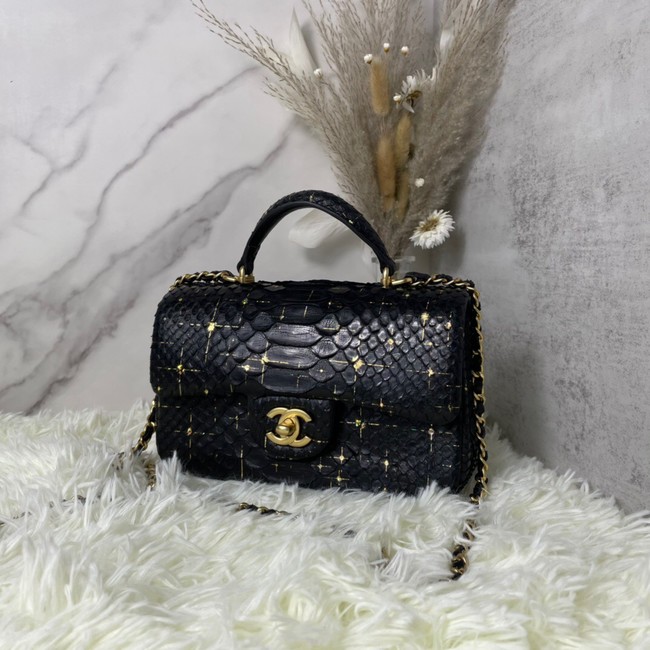 Chanel Snake skin mini flap bag with top handle AS2431 black