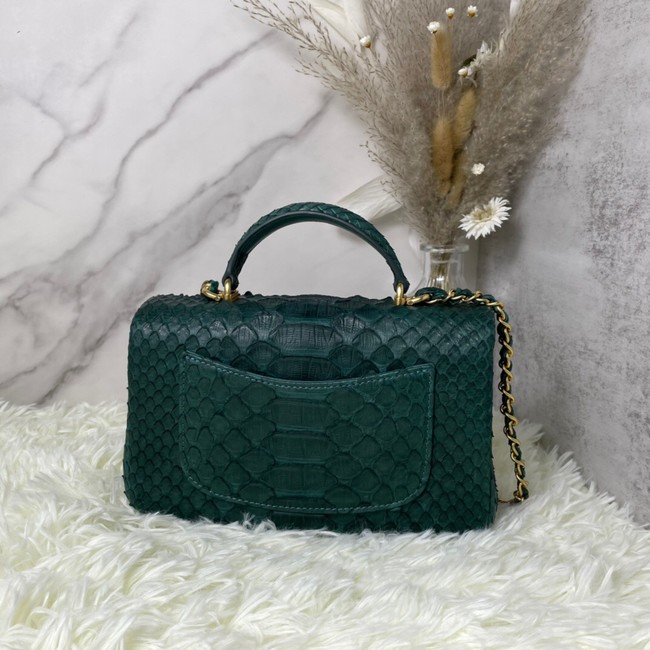 Chanel Snake skin mini flap bag with top handle AS2431 blackish green