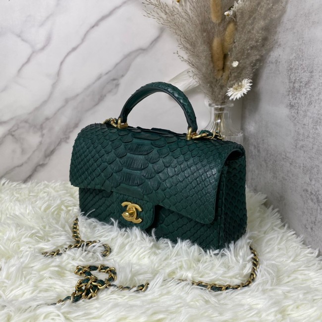 Chanel Snake skin mini flap bag with top handle AS2431 blackish green
