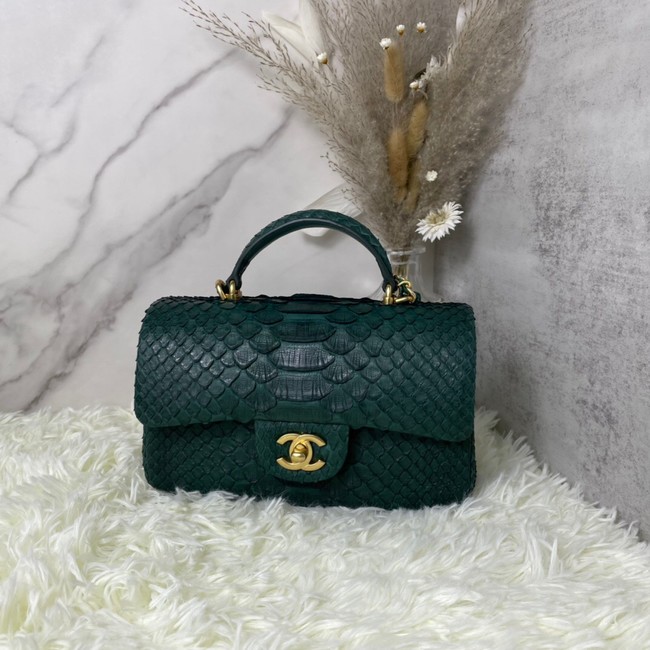 Chanel Snake skin mini flap bag with top handle AS2431 blackish green