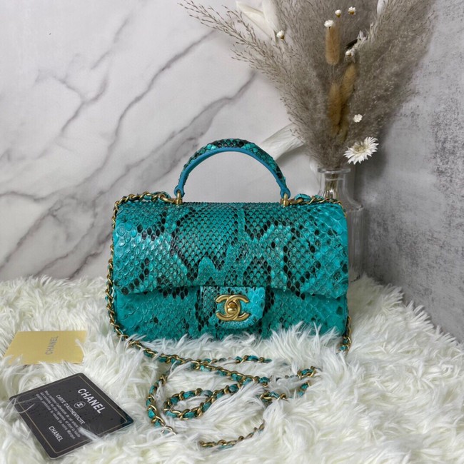 Chanel Snake skin mini flap bag with top handle AS2431 blue