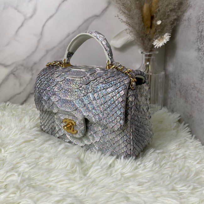 Chanel Snake skin mini flap bag with top handle AS2431 silver