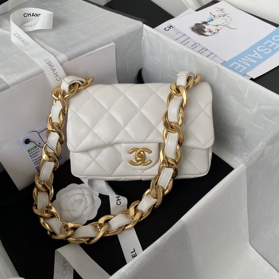 Chanel 2022SS Small Flap Bag Lambskin & Gold-Tone Metal AS3214 White