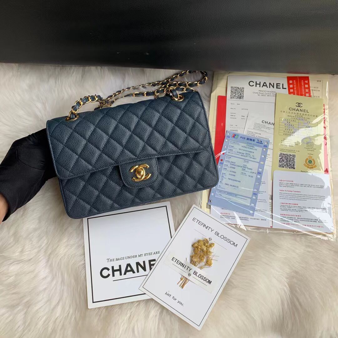 Chanel Flap Shoulder Bag Grained Caviar Leather A01113 Dark Blue