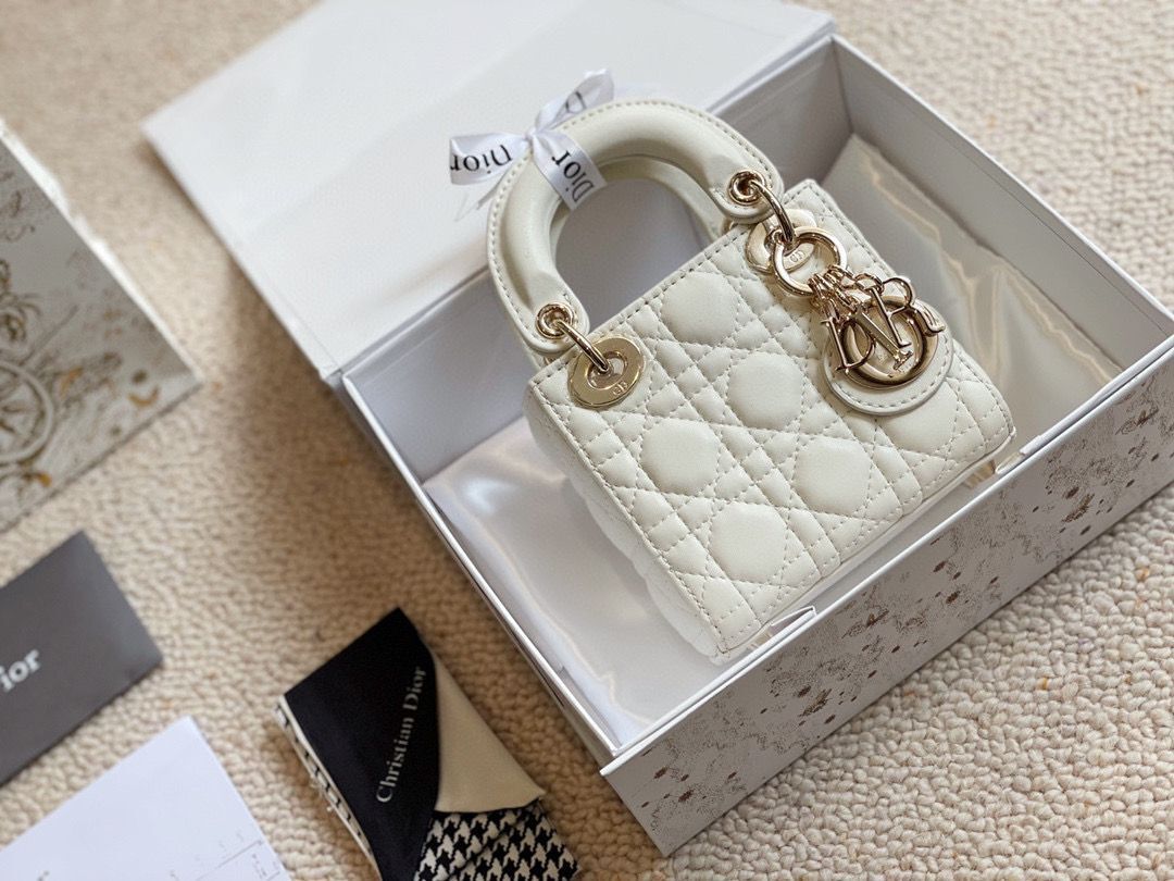 MICRO DIORAMOUR LADY DIOR BAG S08568 White & Gold-Tone Metal