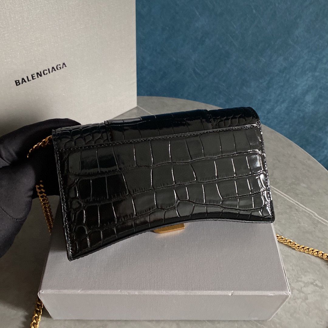 Balenciaga HOURGLASS Wallet With Chain Crocodile Embossed 656050 Black