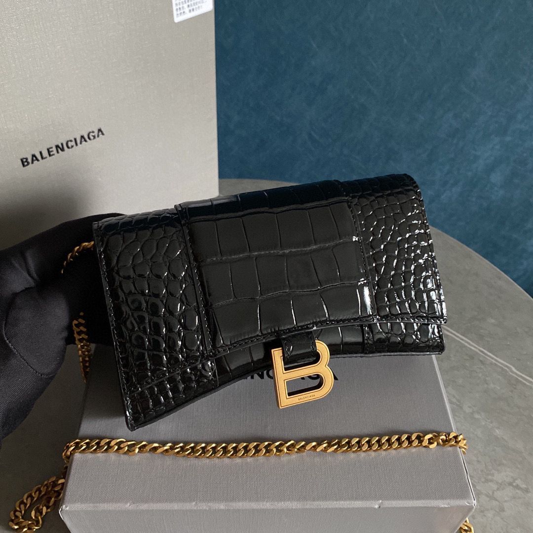 Balenciaga HOURGLASS Wallet With Chain Crocodile Embossed 656050 Black