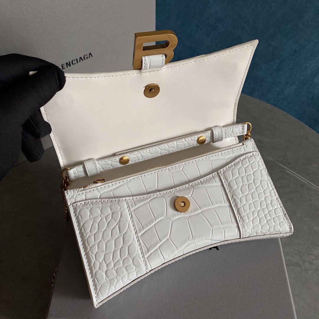 Balenciaga HOURGLASS Wallet With Chain Crocodile Embossed 656050 White