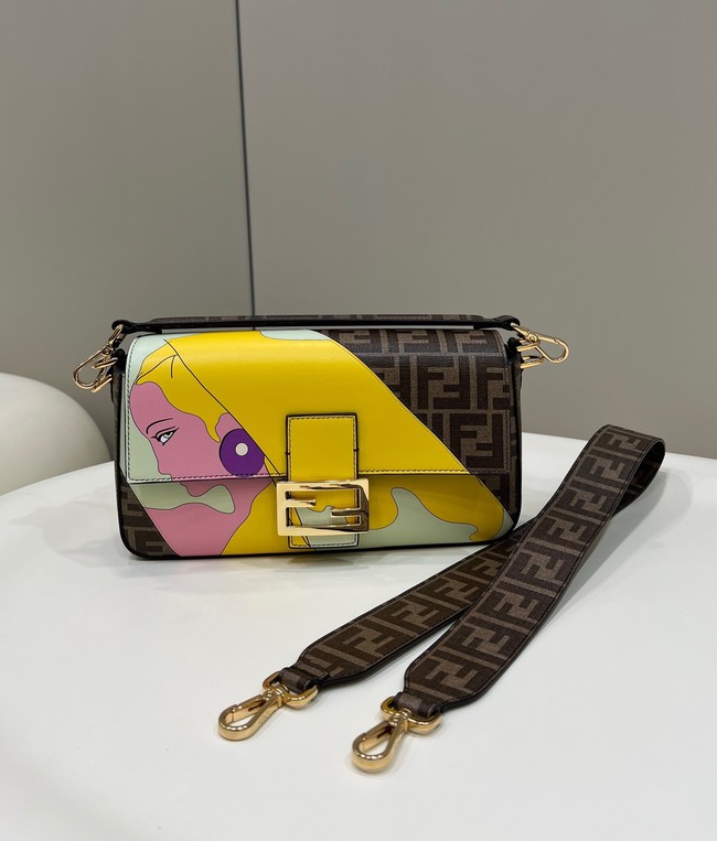 Fendi FF glazed fabric bag with inlay Baguette 8BR600A brown&yellow