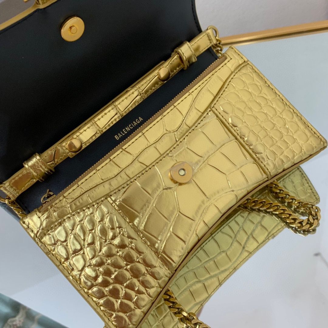 Balenciaga HOURGLASS Wallet With Chain Crocodile Embossed 656050 Gold