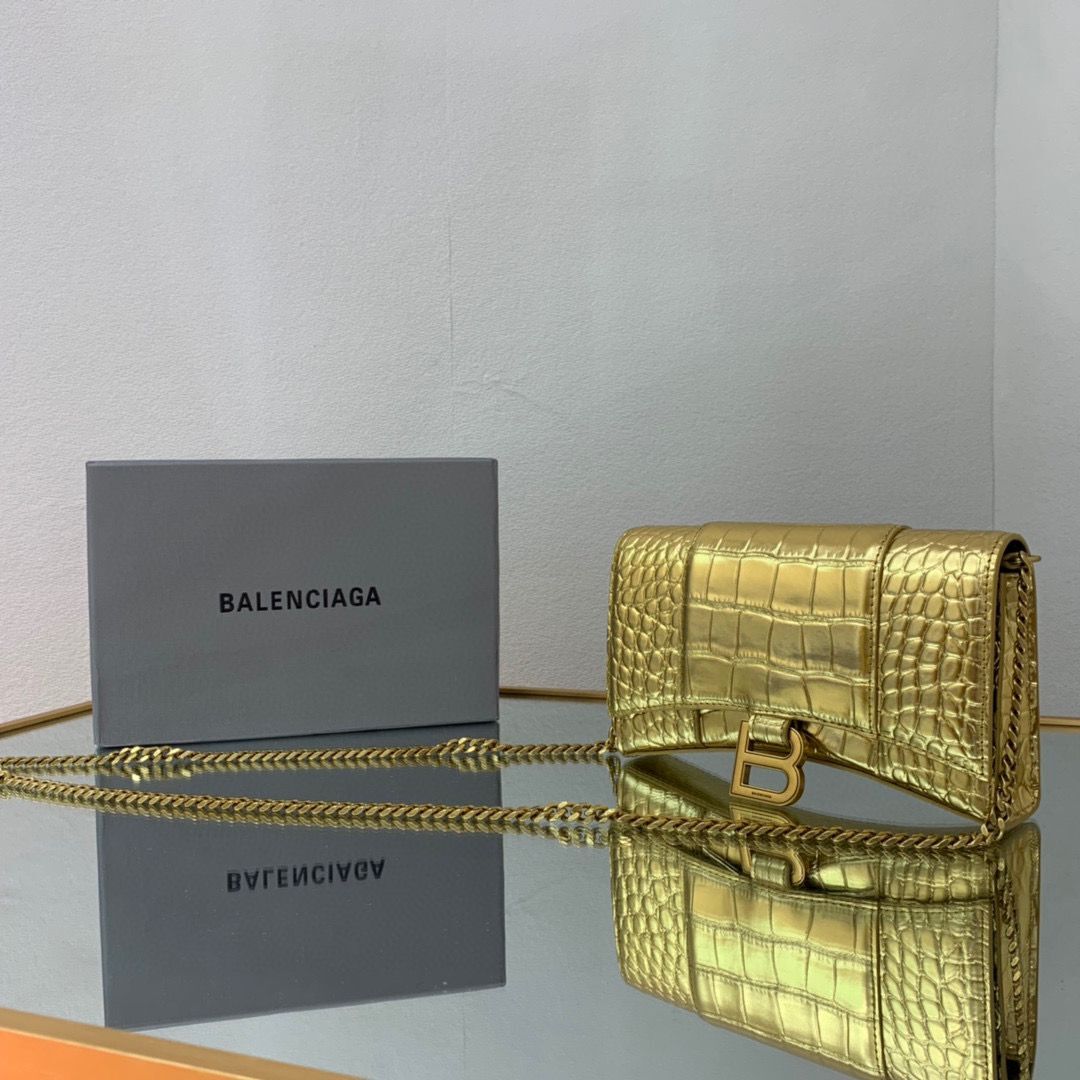 Balenciaga HOURGLASS Wallet With Chain Crocodile Embossed 656050 Gold