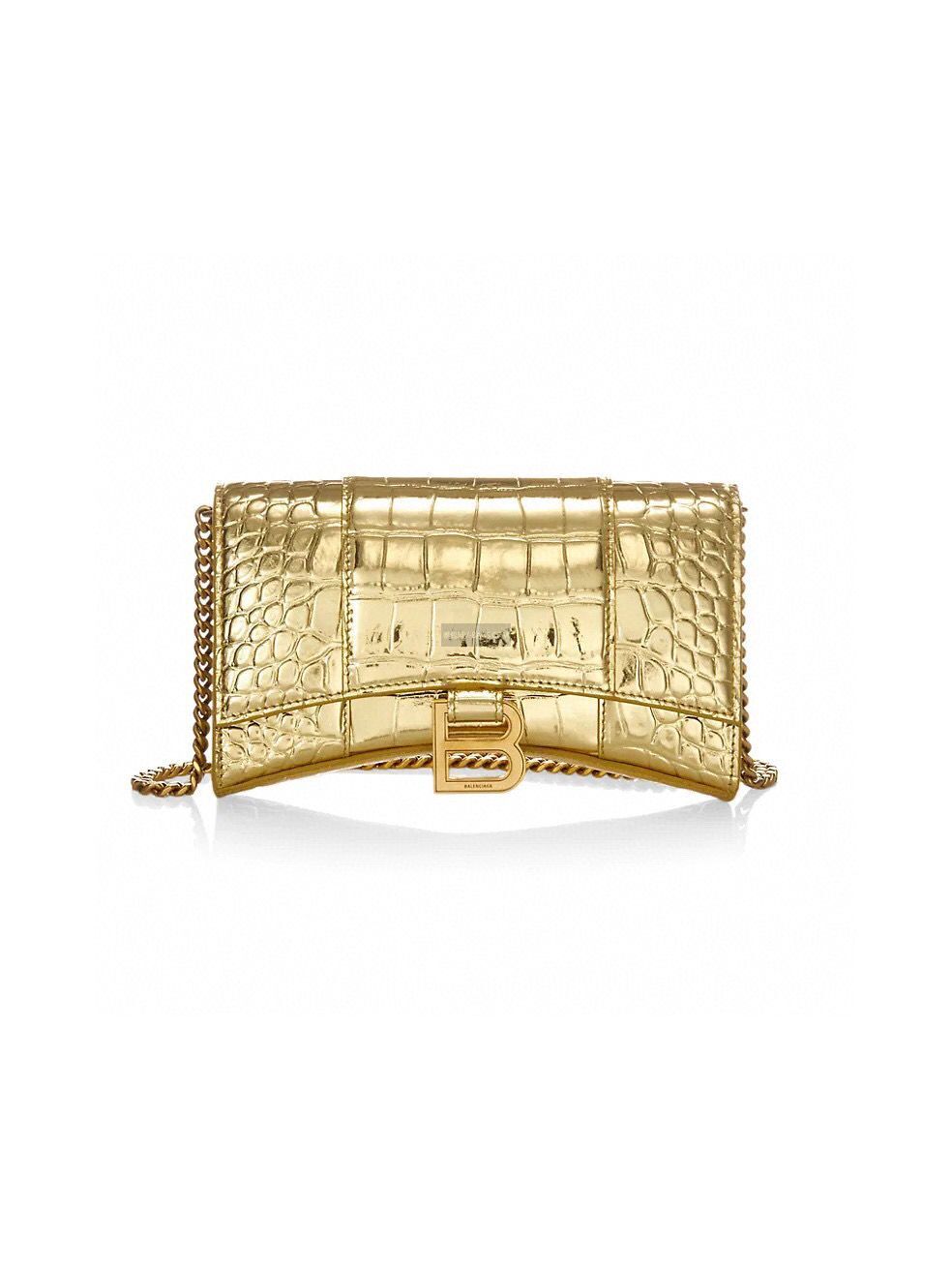 Balenciaga HOURGLASS Wallet With Chain Crocodile Embossed 656050 Gold