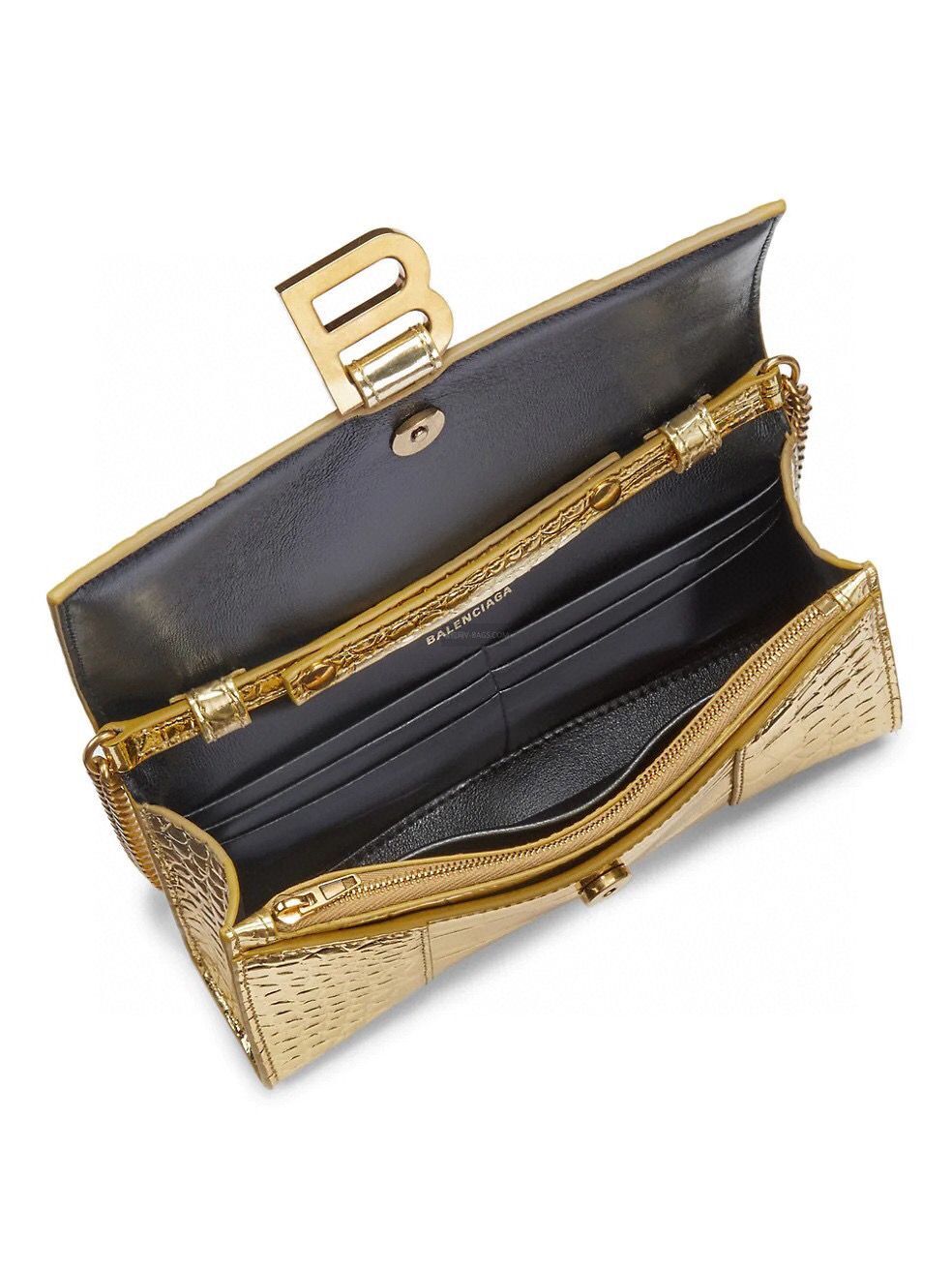 Balenciaga HOURGLASS Wallet With Chain Crocodile Embossed 656050 Gold