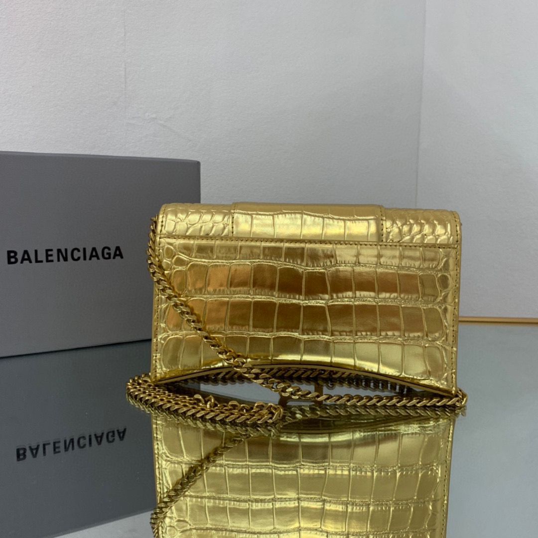 Balenciaga HOURGLASS Wallet With Chain Crocodile Embossed 656050 Gold