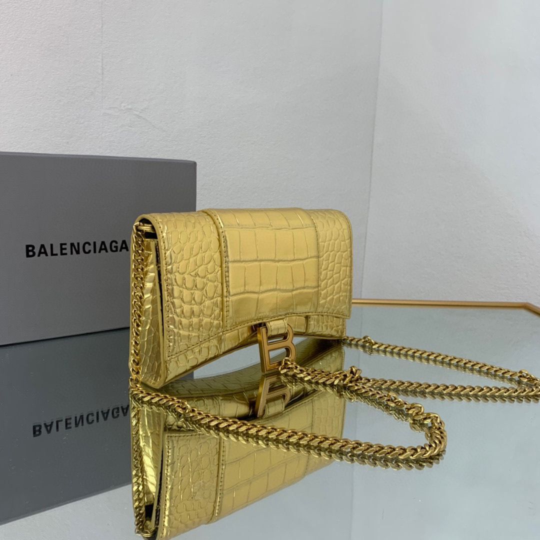 Balenciaga HOURGLASS Wallet With Chain Crocodile Embossed 656050 Gold