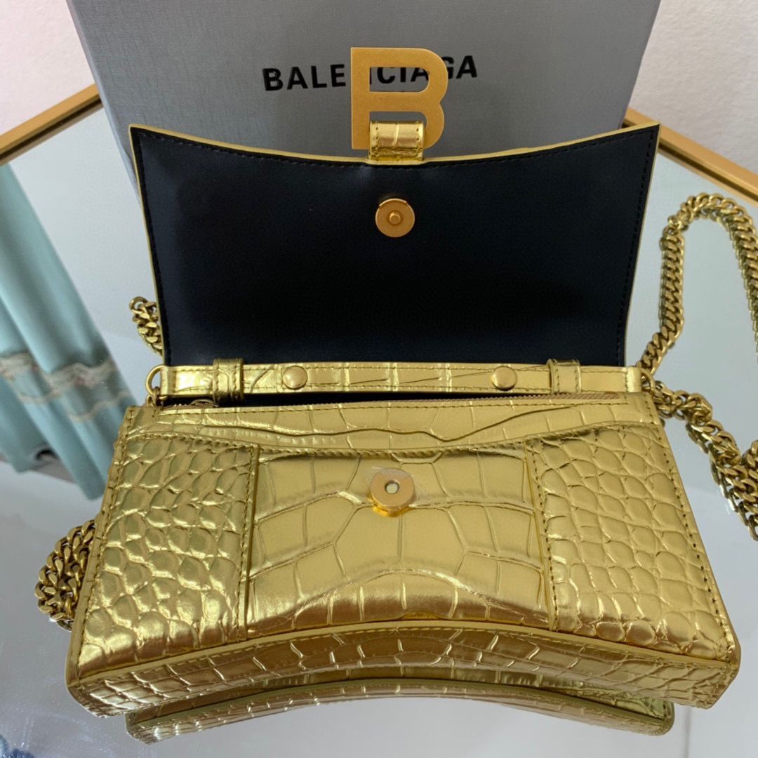 Balenciaga HOURGLASS Wallet With Chain Crocodile Embossed 656050 Gold