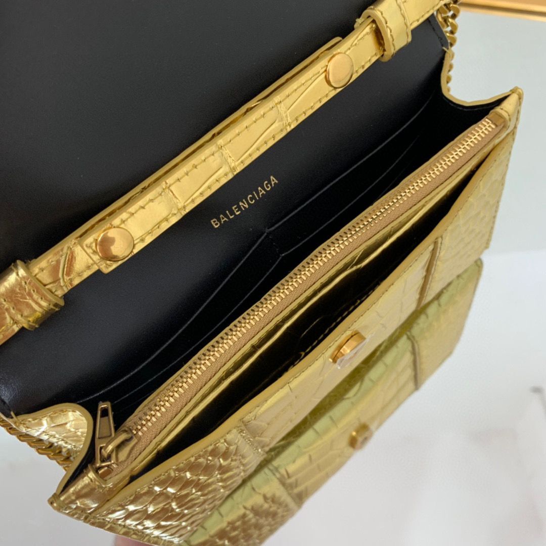 Balenciaga HOURGLASS Wallet With Chain Crocodile Embossed 656050 Gold