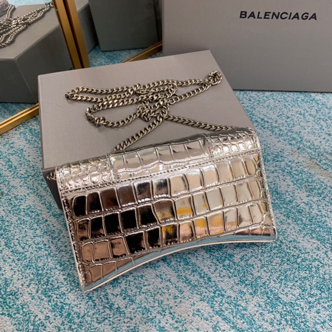 Balenciaga HOURGLASS Wallet With Chain Crocodile Embossed 656050 Silver
