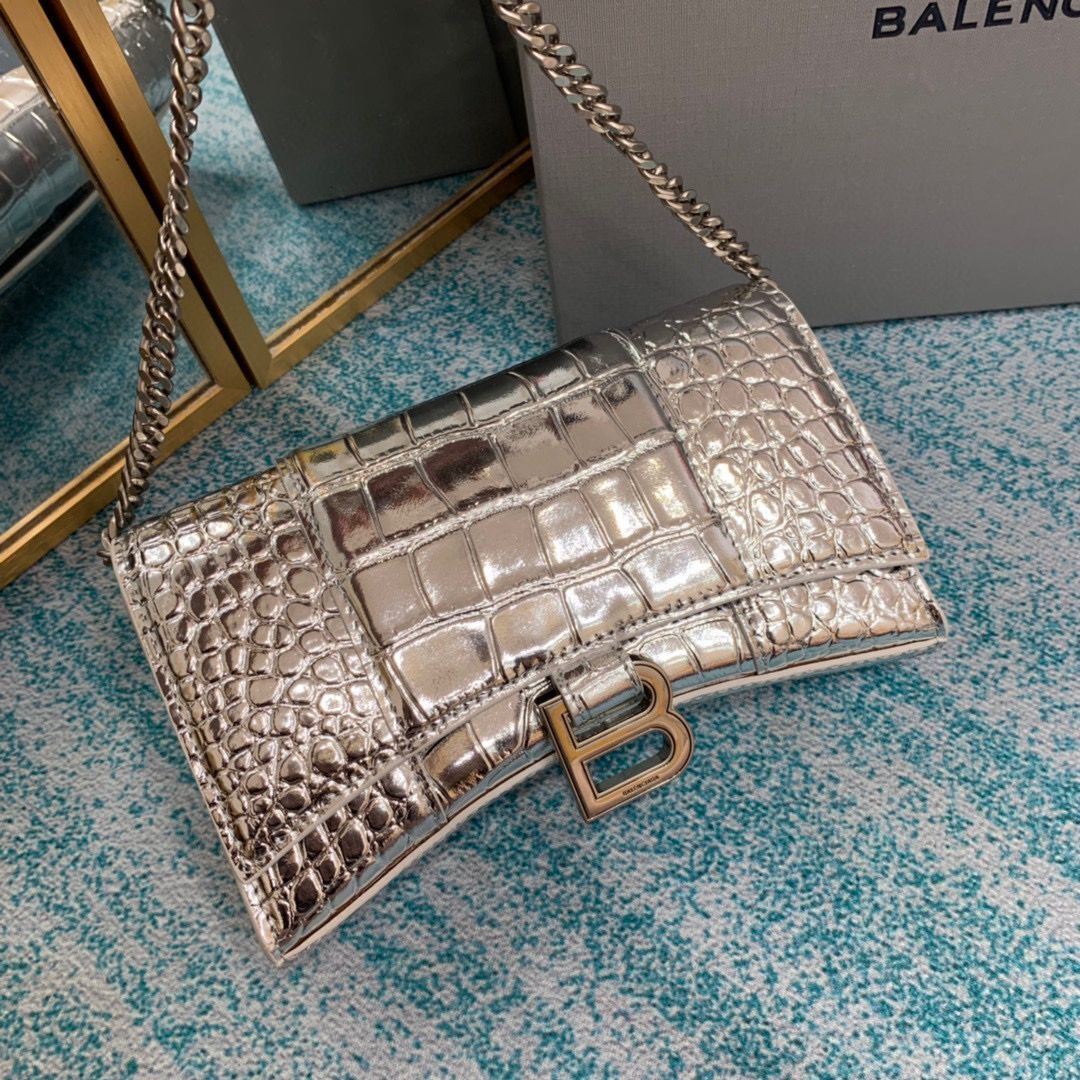 Balenciaga HOURGLASS Wallet With Chain Crocodile Embossed 656050 Silver