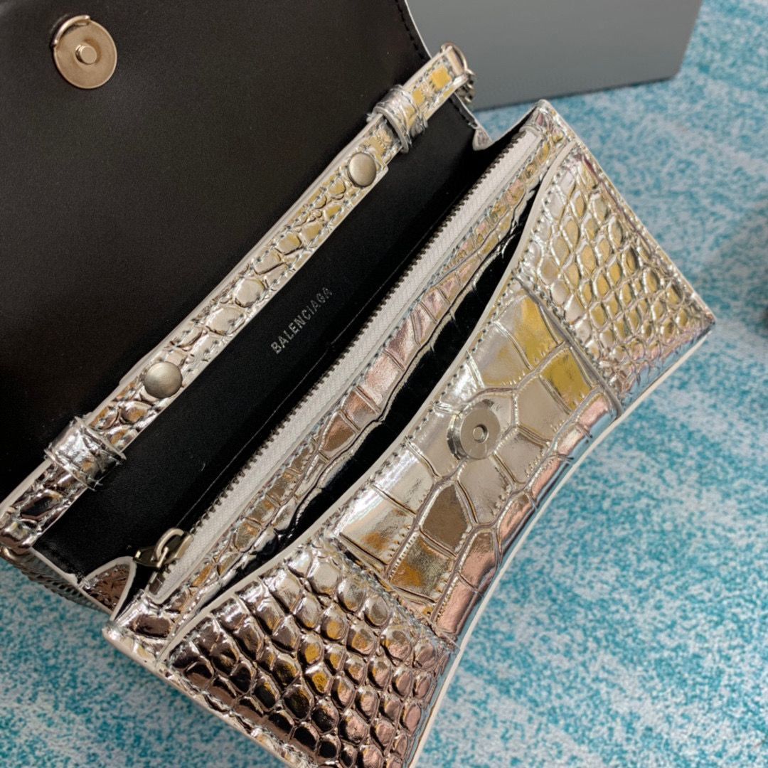 Balenciaga HOURGLASS Wallet With Chain Crocodile Embossed 656050 Silver