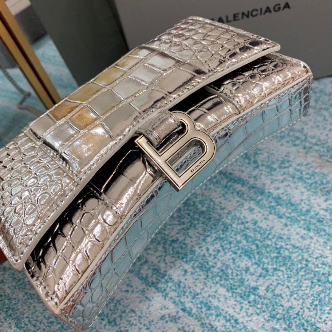 Balenciaga HOURGLASS Wallet With Chain Crocodile Embossed 656050 Silver