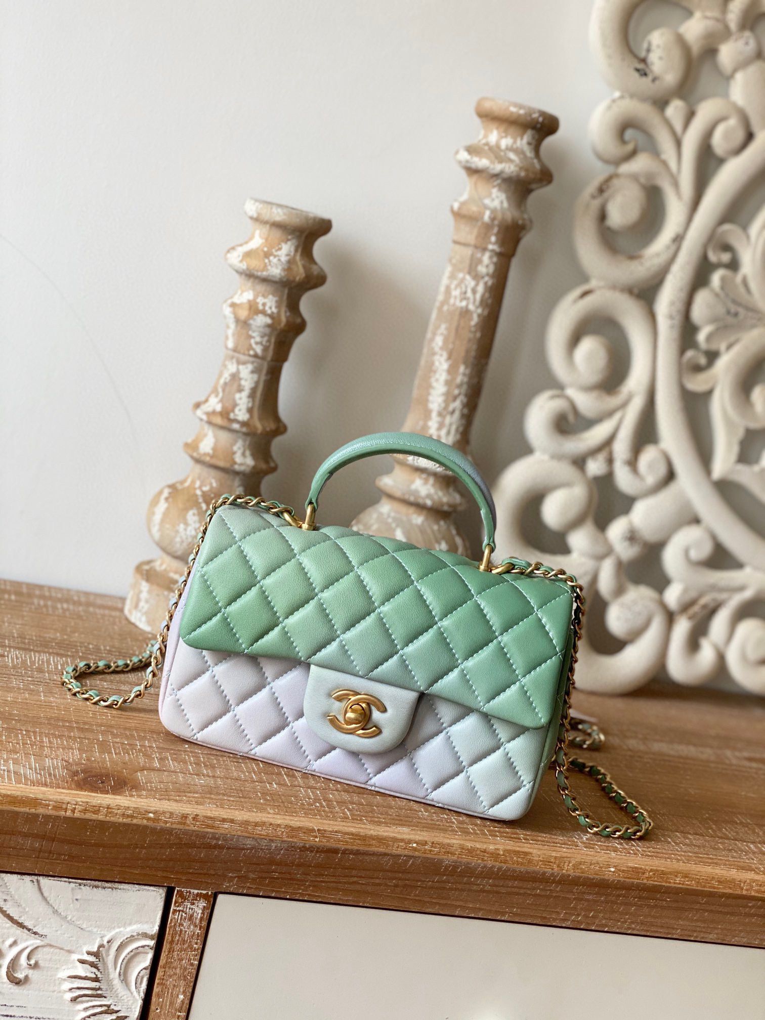 CHANEL mini flap bag with top handle AS2431 Green