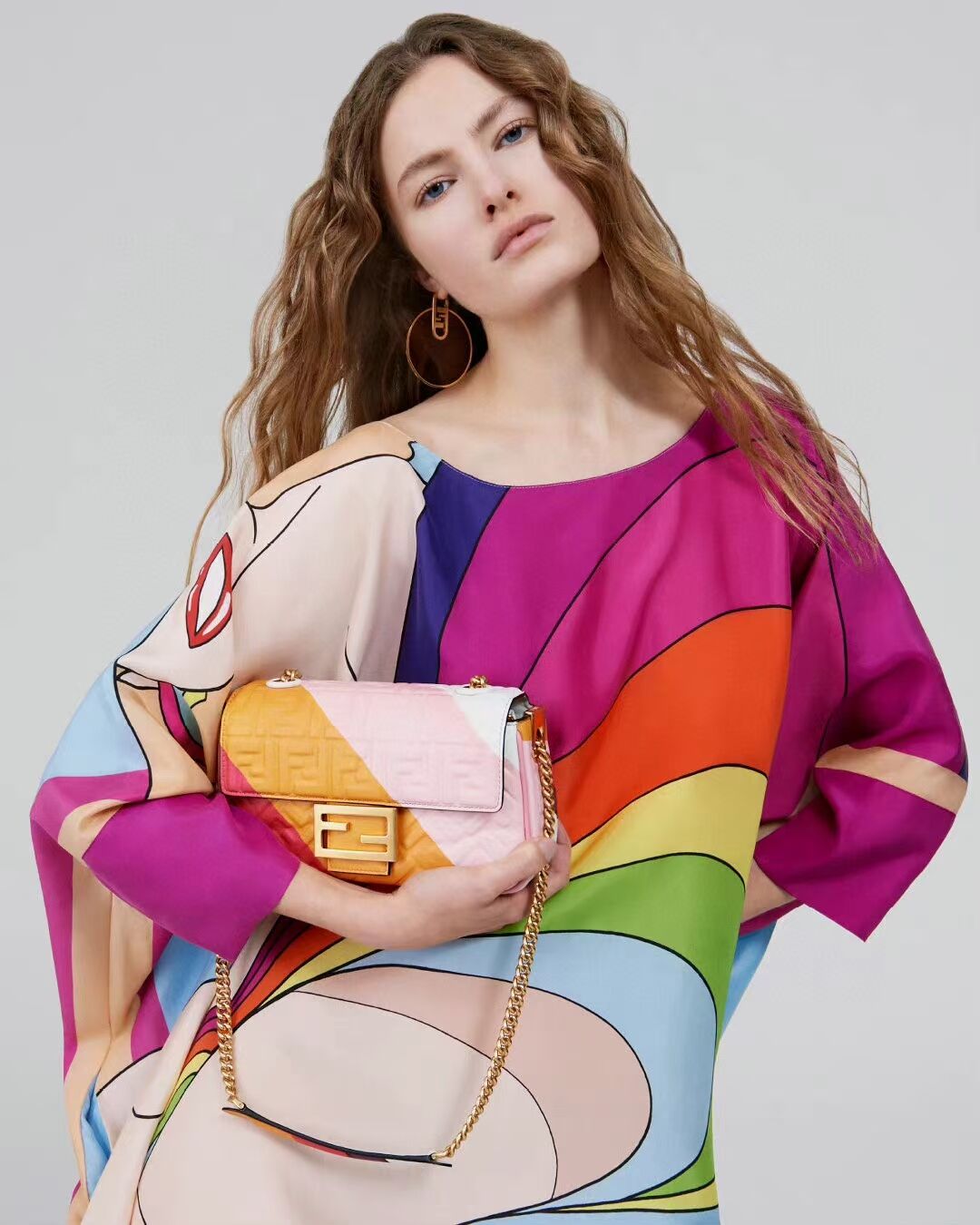 Fendi Baguette Chain Midi Leather bag with multicolor print 8BR6525