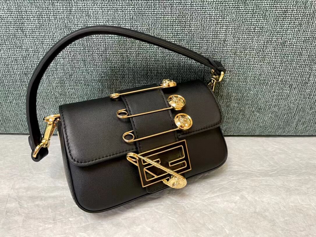 Fendi Brooch mini baguette Fendace leather bag 8BS066A black