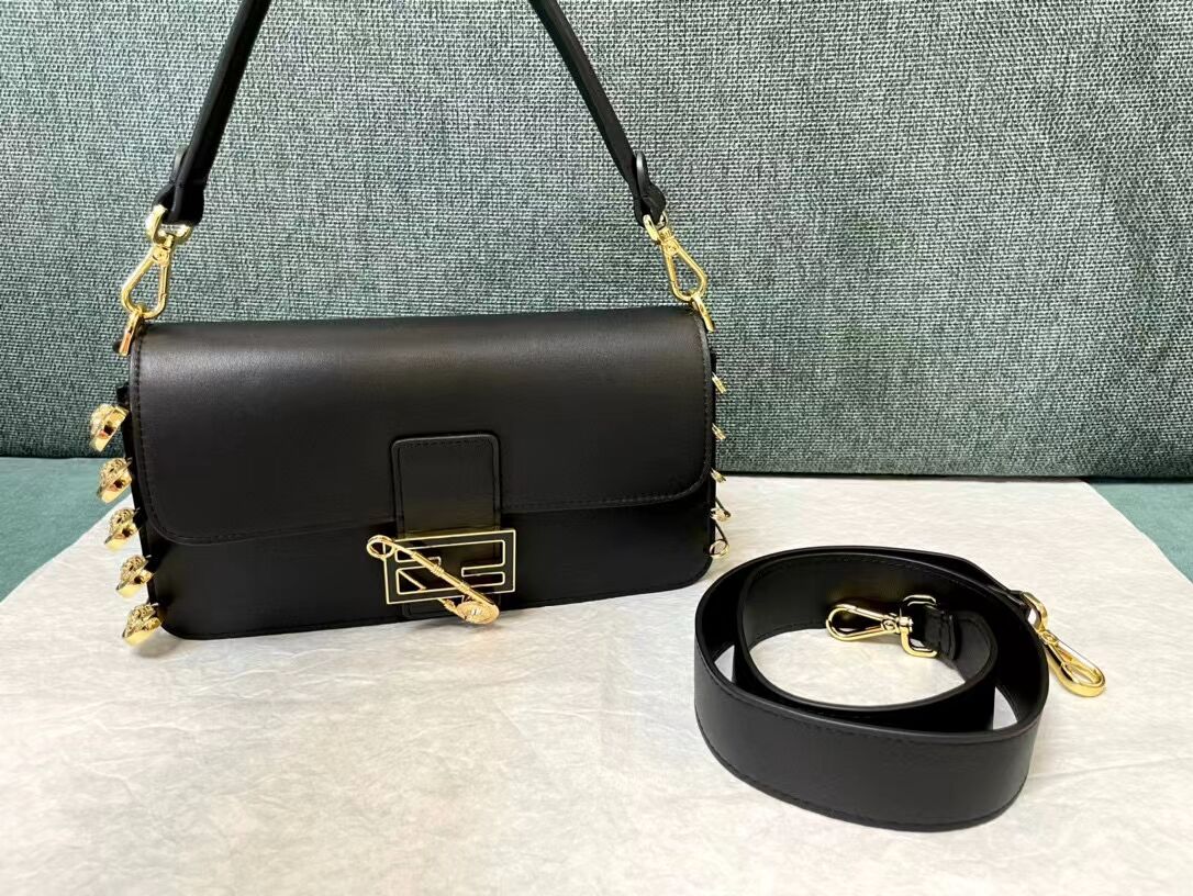 Fendi Baguette brooch Fendace Black leather bag 8BR801