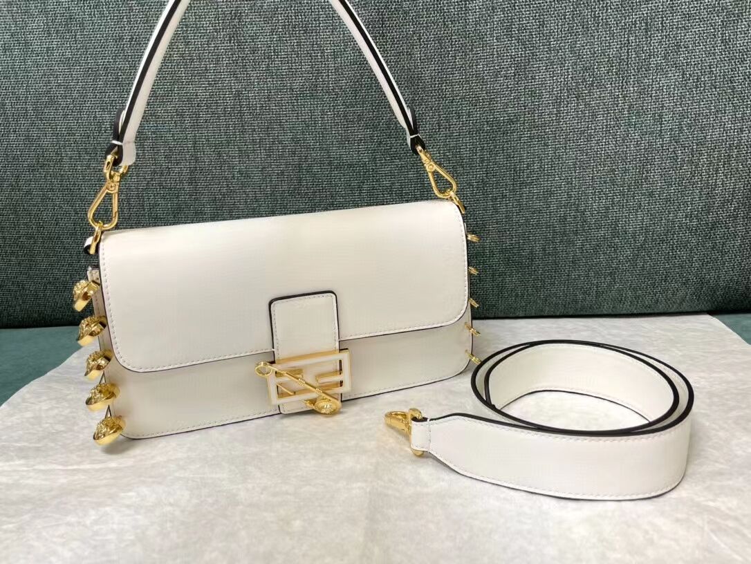 Fendi Baguette brooch Fendace white leather bag 8BR801