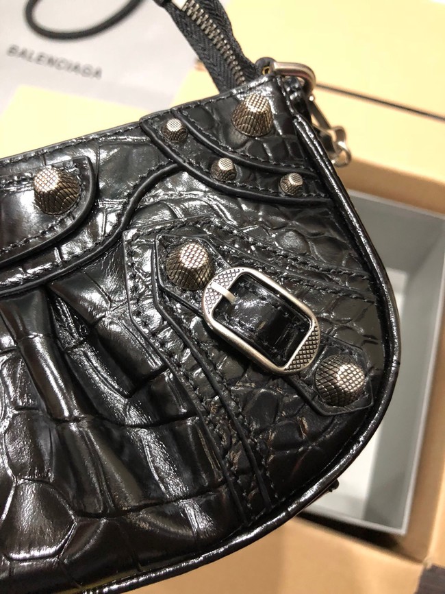 Balenciaga LE CAGOLE MINI PURSE WITH CHAIN CROCODILE EMBOSSED 9016 black