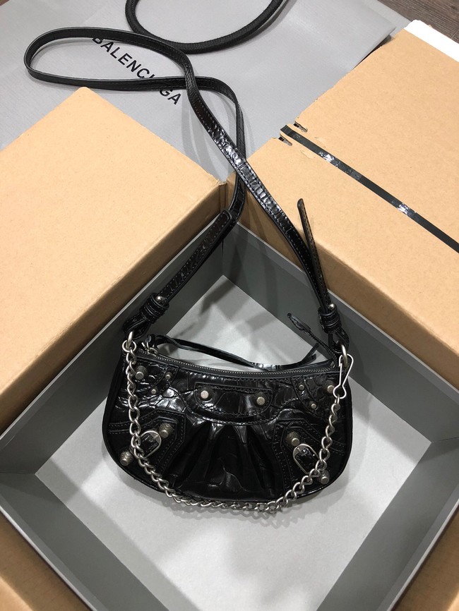 Balenciaga LE CAGOLE MINI PURSE WITH CHAIN CROCODILE EMBOSSED 9016 black