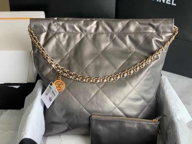 CHANEL 22 HANDBAG Shiny Calfskin & Gold-Tone Metal AS3262 silver grey