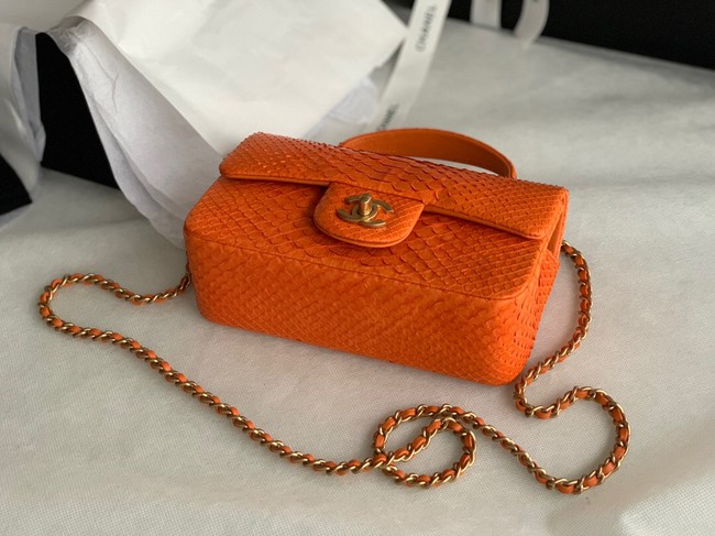 Chanel Snake skin mini flap bag with top handle AS2431 orange